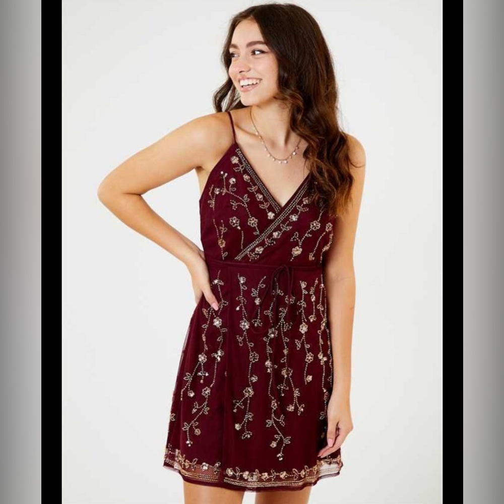 Altar’d State Burgundy Beaded Formal Short Dress